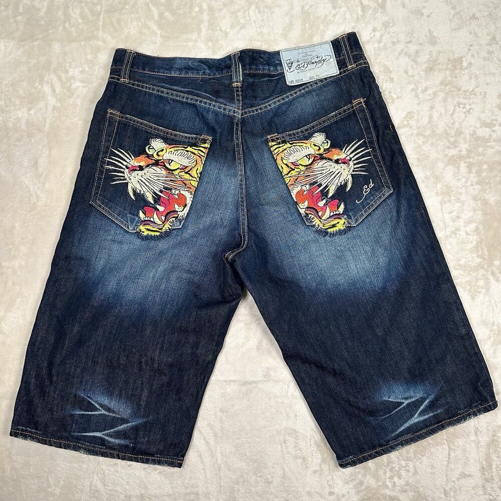 Ed Hardy Embroidered Tigers Baggy Skater Jean Shorts Lot‎ 2008 Men’s Size 34 Y2K